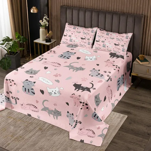 Erosebridal Juego de colcha de gato rosa, tamaño individual para niñas, gris y negro, juego de ropa de cama para niños y niños, lindo juego de