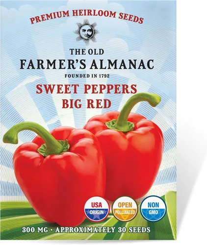 The Old Farmer's Almanac Semillas de pimiento dulce Heirloom (rojo grande) – Aproximadamente 30 semillas – Sin OMG, polinizado abierto, origen