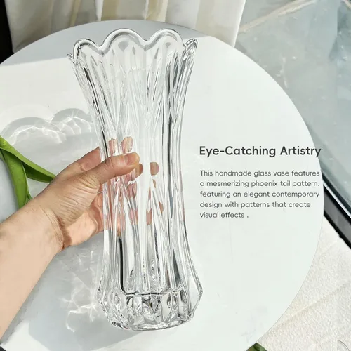 Vista 3 de Jarrón de cristal transparente de 11.2 pulgadas, diseño cilíndrico engrosado, decoración para el hogar, mesa de comedor, centros de mesa, oficina
