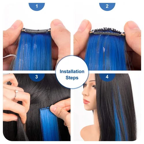 Vista 3 de 12 extensiones de cabello de colores rectas de 20 pulgadas, extensiones de cabello sintético con clip, color arcoíris, con reflejos, para fiesta