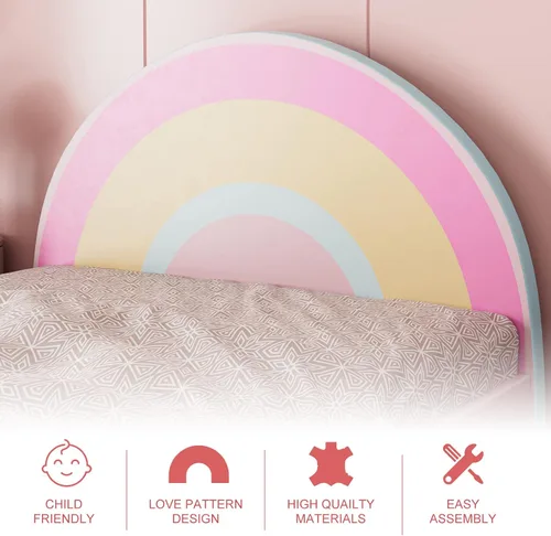 Vista 6 de IKIFLY Cama infantil de tamaño individual, base de cama tapizada con cabecera curvada, cama rosa para niños y niñas, adolescentes, no necesita