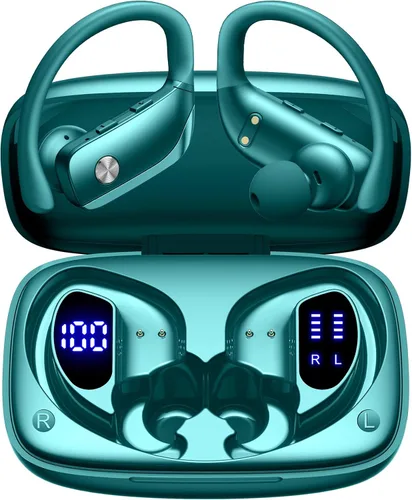 Auriculares inalámbricos bmani, auriculares Bluetooth con 80 horas de reproducción, estuche con pantalla LED, gancho para la oreja, micrófono, Verde