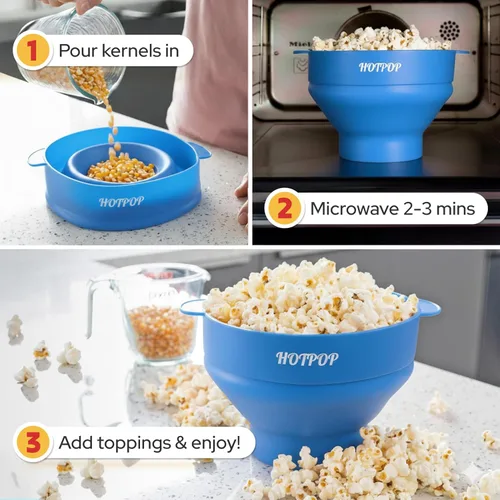 Vista 3 de El Hotpop Original - Palomitero para microondas, Popcorn, contenedor de silicona para hacer palomitas de maíz, cuenco plegable sin BPA y apto