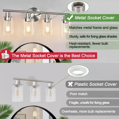 Vista 7 de Lámparas de baño de 4 luces, níquel cepillado, modernas luces de tocador sobre espejo con pantalla de vidrio transparente, lámpara de pared de baño