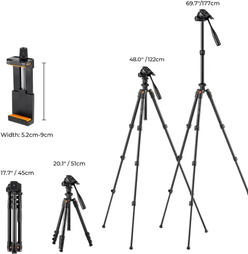 Vista 6 de K&F CONCEPT Trípode de Video de 70", Trípode para Cámara, Trípode de Viaje Ligero con Cabezal de Inclinación Panorámica Giratorio de 3 Vías Carga