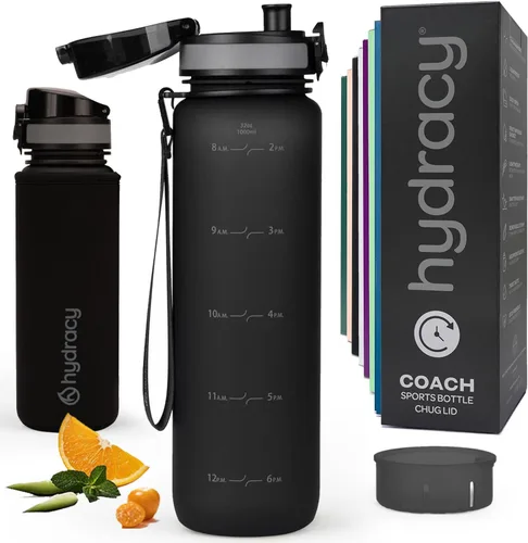 Vista 47 de Hydracy Botella de agua con horas para beber marcadas, grande, sin bisfenol A, a prueba de fugas, funda anticondensación, para gimnasio, con colador