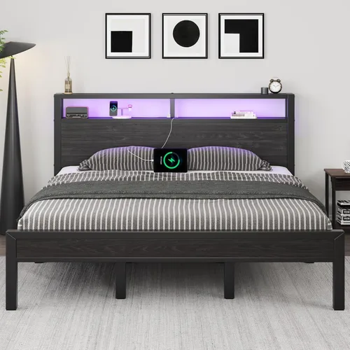 Vista 34 de LOEWAY Base de cama tamaño Queen con cabecero de almacenamiento y luces LED, color gris