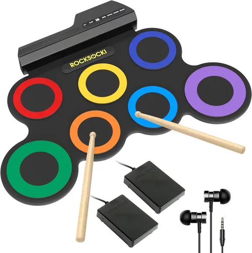 ROCKSOCKI Juego de batería eléctrica, 7 almohadillas electrónicas para niños con auriculares incluidos, almohadilla de práctica de tambor