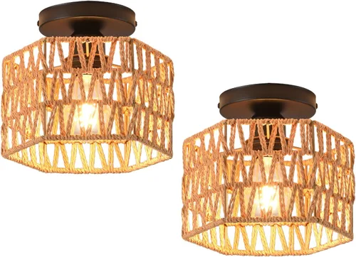 Vista 13 de Lámpara de Techo, Lámpara de Techo de Ratán Tejida a Mano de Montaje Empotrado, Lámparas de Techo Estilo Granja Montaje de Techo Boho para Pasillo