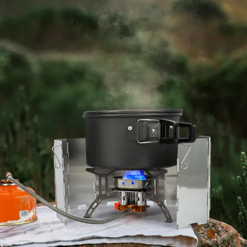 Vista 2 de Odoland Estufa de campamento a prueba de viento de 3500 W/6800 W con parabrisas, adaptador de recipiente de combustible, encendido piezoeléctrico
