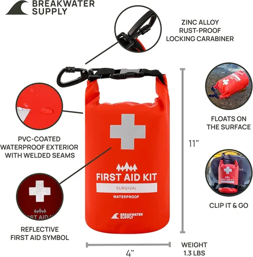 Vista 6 de Breakwater Supply Kit de primeros auxilios impermeable, bolsa seca precargada con suministros de preparación de supervivencia de emergencia