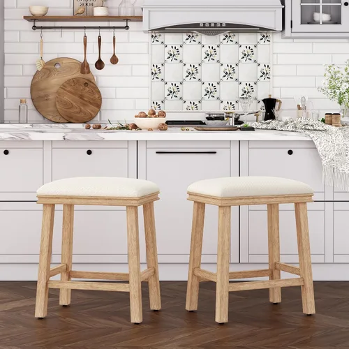 Vista 12 de ALPHA HOME Taburete de bar, taburete de cocina de silla de montar de madera maciza con cojín de tela de lino beige, taburete de bar de altura
