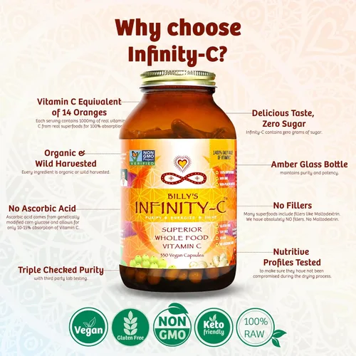 Vista 4 de Infinity-C Cápsulas orgánicas de vitamina C, VIT C biodisponibles de Acerola, Camu Camu y Amla, alimentos integrales de vitamina C de 1000 mg