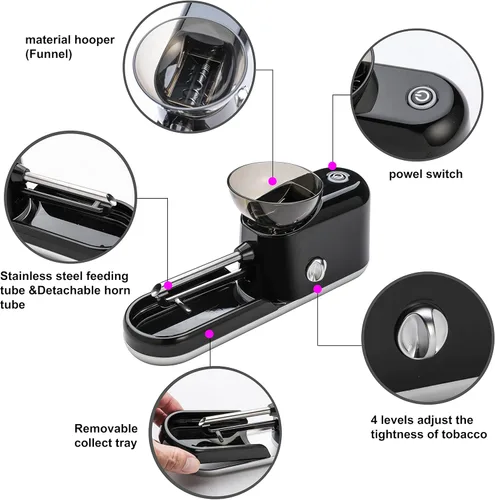 Vista 3 de Máquina automática de enrollado de conos eléctricos Free Boy, mini portátil, para conos preenrollados, con 1 varilla agitadora, 1 cepillo