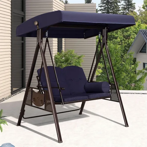Vista 11 de PURPLE LEAF Columpio de lujo para porche de patio al aire libre de 2 asientos con marco de acero resistente a la intemperie, toldo inclinable Beige
