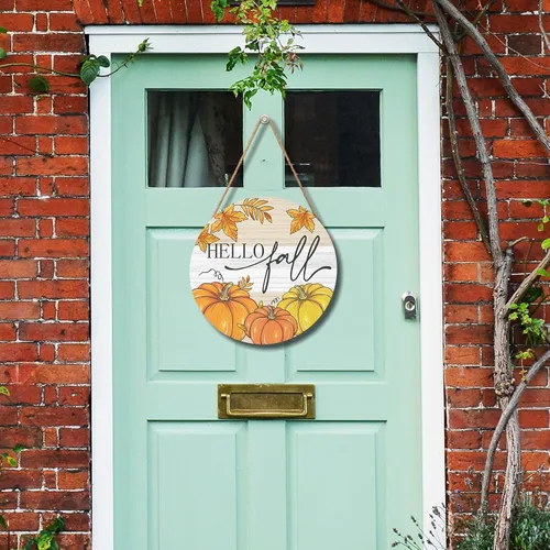 Vista 6 de Letrero de bienvenida con texto en inglés «Hello Fall» para puerta, de 12 x 12 pulgadas, decoración de puerta de otoño, letrero colgante redondo
