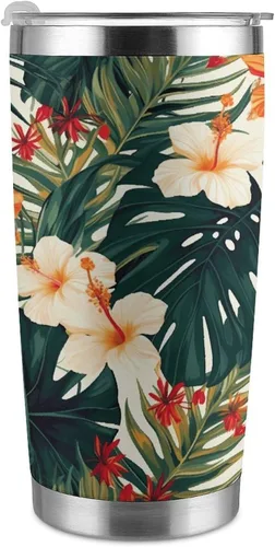 Tropical Summer Hawaiian Flower Palm Leaves 20 Oz Tumbler Stainless Steel Double Wall Vacuum Insulated Mug Reusable Coffee Cups with Leakproof Lid