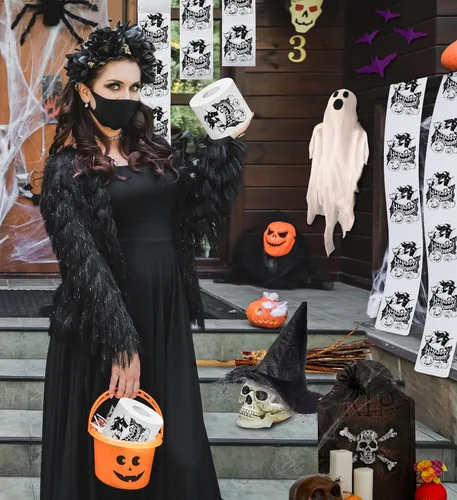 Vista 6 de Printed TP Papel higiénico impreso con texto en inglés "Happy Halloween", rollo de papel higiénico aterrador para sorpresa, broma, divertido regalo