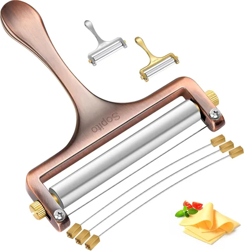Cortador de queso Sopito de acero inoxidable con 3 cables extra ideal para queso cheddar, gruyere, raclette, bloque de queso mozzarella, grosor Cobre