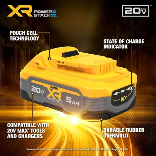Vista 2 de DEWALT Batería 20V MAX, POWERSTACK, Más Potencia Más Compacta, Batería Recargable de Iones de Litio 5Ah (DCBP520)