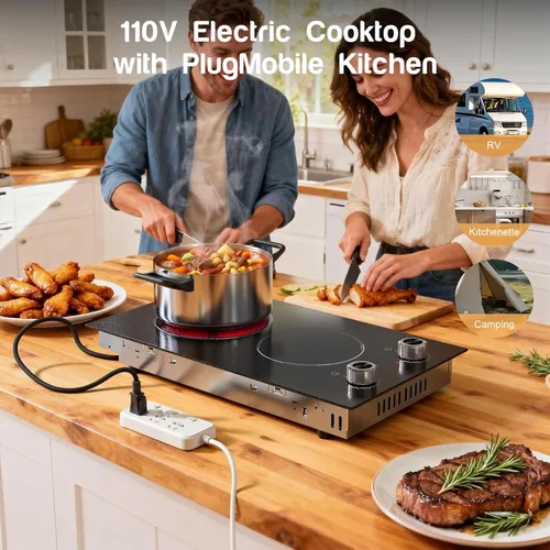 Vista 2 de Placa de cocina eléctrica de 2 quemadores, enchufe de estufa eléctrica de 110 V, placa de cocina eléctrica de 2000 W con controles de perilla