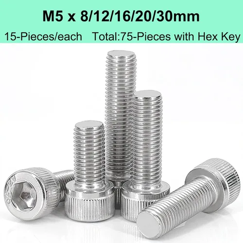 Vista 2 de 75 tornillos de cabeza hexagonal, 304 (18-8), acero inoxidable 304 (18-8), métrico M5 x 8/12/16/20/1.181 in Allen Head Hex Drive Machine Tornillos