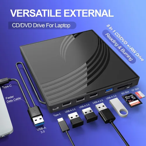 Vista 5 de BPAKDU Unidad externa de CD/DVD para laptop, grabadora de CD ultra delgada, concentrador USB 3.0 con 4 puertos USB, 2 ranuras para tarjetas TF/SD, 1