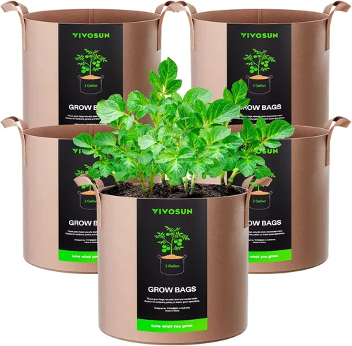 Vista 15 de VIVOSUN - Paquete de 5, 1 galón, bolsas para cultivar de tela no tejida gruesa resistente con asas