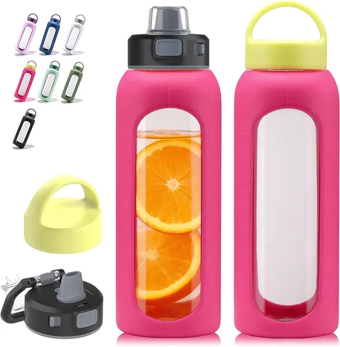 Vista 8 de Kodrine Botella de agua de vidrio de 20 onzas con pajilla - 2 tapas para un fácil transporte, con asa, funda de silicona y marcador de tiempo