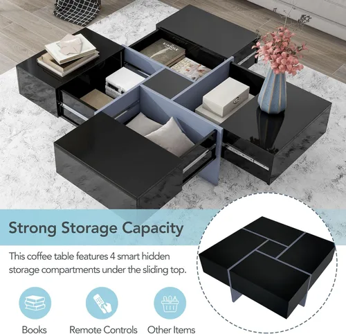 Vista 4 de P PURLOVE Mesa auxiliar para sala de estar, mesa de cóctel cuadrada con 4 compartimentos de almacenamiento ocultos y mesa deslizante extensible