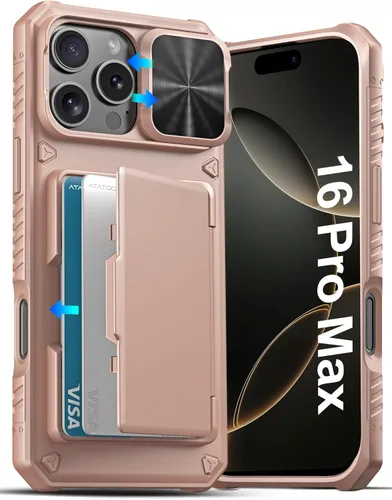 Vista 38 de ATATOO Funda para iPhone 16, tarjetero integrado (almacena 3-5 tarjetas) y protector de cámara deslizante, protección de grado militar, bonita funda
