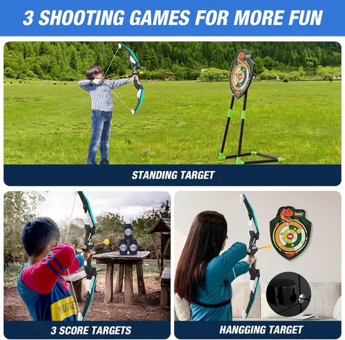 Vista 2 de Arco y flecha para niños, juego de tiro con arco con luz LED con 12 flechas de ventosa, 1 blanco de pie, 3 blancos de puntuación y 1 carcaj, regalos
