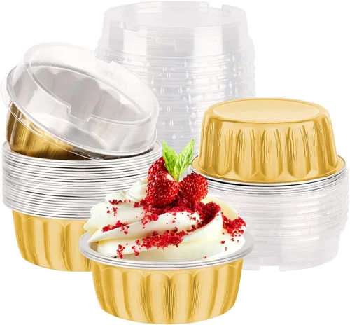 Vista 10 de EUSOAR Tazas de aluminio para muffins con tapa, paquete de 30 moldes de 8 onzas con tapas, moldes de papel de aluminio desechables, forros