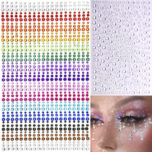 Vista 13 de 6 hojas de joyas para la cara, gemas para la cara, diamantes de imitación autoadhesivos para maquillaje, accesorios para disfraces de festivales