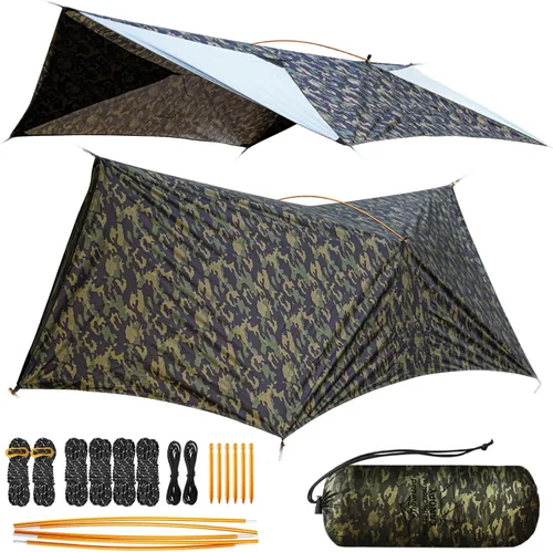 Vista 8 de Lona ultraligera, hamaca de 14 pies, ligera, impermeable, tienda de campaña con puertas, refugio de lona para mochileros, senderismo, campamento