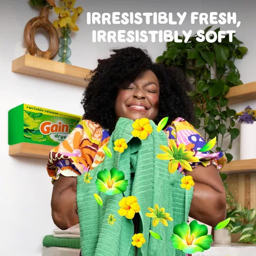 Vista 4 de Gain Hojas de secadora Plus Wrinkle Release, aroma original, 120 unidades, combate la estática con un toque de aroma, sábanas de lavandería
