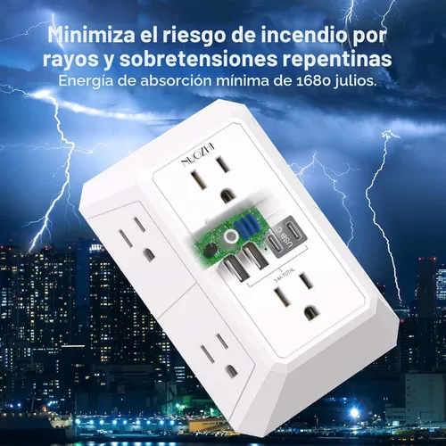Vista 6 de Protector de sobretensiones extensor de salida – Divisor de 6 salidas con 4 puertos USB (2 USB-C), enchufe múltiple de pared 1680J regleta