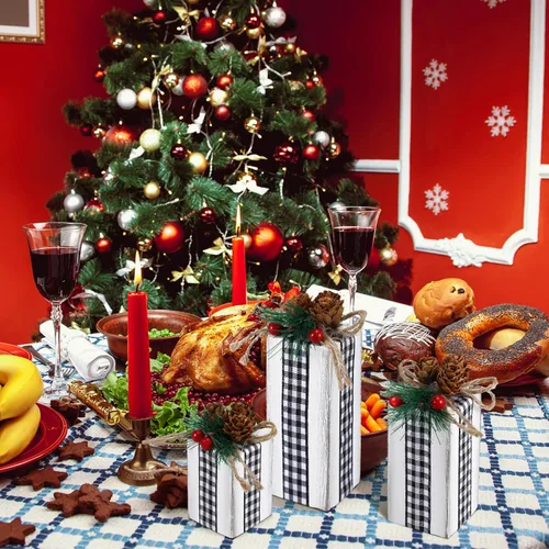 Vista 2 de 3 piezas de centros de mesa de Navidad, decoración de mesa de Navidad, bloques de madera falsos, decoración rústica con lazo a cuadros de búfalo