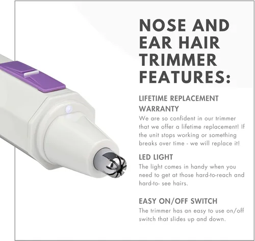 Vista 3 de ToiletTree Products Recortadora de pelo blanco resistente al agua para nariz y orejas con luz LED