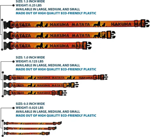 Vista 3 de Buckle-Down Collar de clip de plástico, diseño de Rey León HAKUNA MATATA Sunset Oranges/Negro, 1 pulgada de ancho, se adapta a cuello de 9 a 15