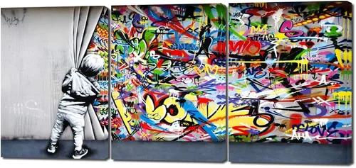 Vista 25 de Pintura de graffiti de árbol de la suerte sobre lienzo, 3 paneles, arte abstracto de árbol de deseos, póster impreso para sala de estar, dormitorio