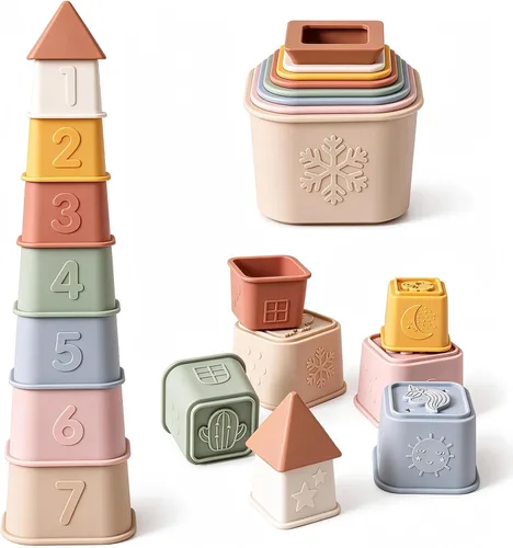 Tazas Apilables para Bebés, Juguetes de Apilar de Silicona, Torre Educativa de Construcción para Bebés 6M+, Bloques de Construcción Blandos para