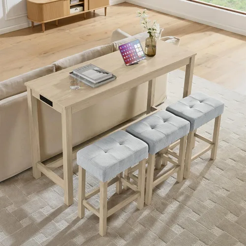 Vista 5 de 59 Inch Bar Table, Dining Table, Sofa Table with Power Outlet, 3 Upholstered Stools, 4 Bar Table and Chair Set for Living Room, Dining Room, Kitchen