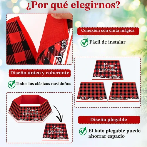Vista 3 de Collar de árbol de Navidad, diseño a cuadros, cubierta de base de árbol de Navidad, falda de base de árbol hexagonal de tela con seis patrones, base
