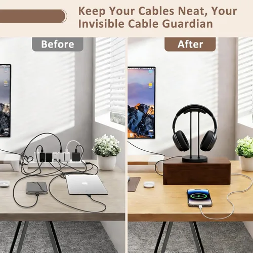 Vista 6 de Caja grande de gestión de cables de madera de acacia, organizador y organizador para cables de TV, regleta de alimentación, ocultación eléctrica