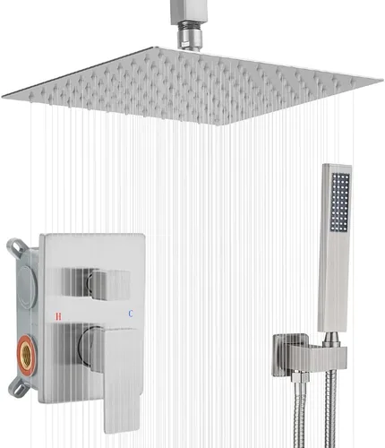 Vista 11 de Sistema de Ducha Dorado Cepillado para Baño con Cabezal de Ducha de Lluvia de 10 Pulgadas de Montaje en Techo con Ducha de Mano de Lujo de Alta