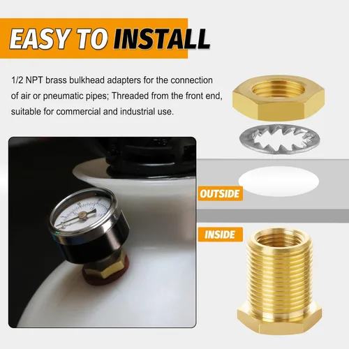 Vista 5 de KOOTNAS Paquete de 2 Accesorios de Mamparo de Latón Macizo, 1/2 NPT Cónico Hembra 1" Rosca Macho Recta Conector de Latón con Anillo Ondulado