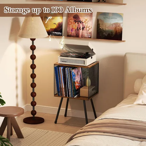 Vista 7 de X-cosrack - Soporte para tocadiscos con almacenamiento hasta 100 álbumes, soporte pequeño retro para discos de vinilo - Divisor ajustable