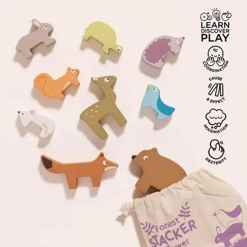 Vista 3 de Le Toy Van - Rompecabezas de madera Petilou Forest Stacker y bolsa de juguete educativo para actividades de equilibrio Gran regalo para niños