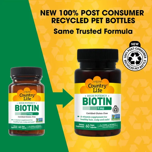 Vista 2 de Country Life - Biotina de alta potencia, 5 mg - 60 cápsulas veganas
